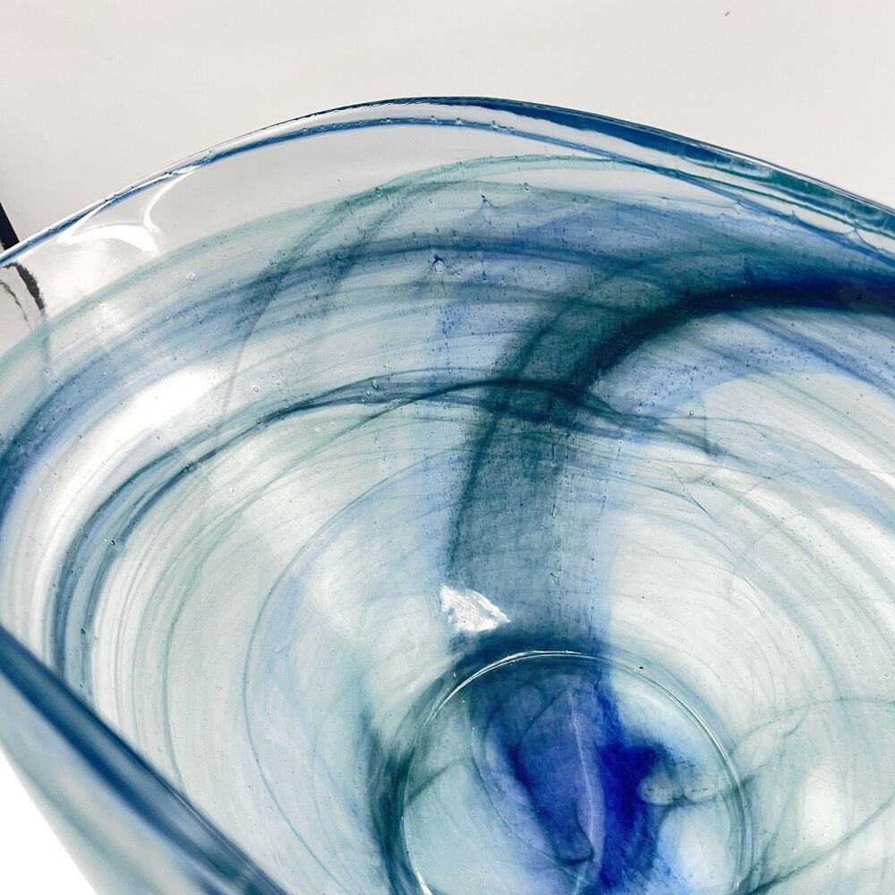 14"x7" Oval Blue Folded Satin Glass Bowl Lines Swirls - Picture 4 of 16